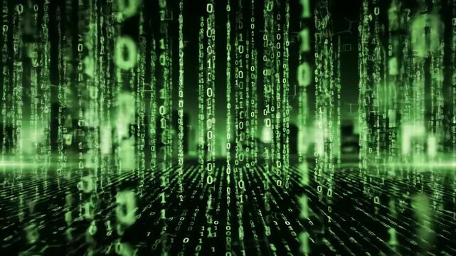 Abstract technology binary code background with green matrix data stream, computer code and programming concept. - Powered by Adobe