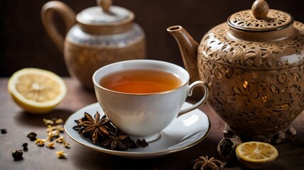 Fototapeta premium Aromatic warm tea in cup, soothing herbal beverage for relaxation, wellness, comfort, natural organic drink with calming fragrance