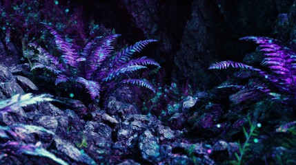 Premium Modern Bioluminescent Ferns in Mystical Dense Forest for Millennial Tech and Environmental Marketing Campaigns with Inspiring Alien Ecosystem Imagery