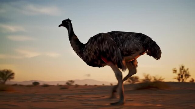 Majestic emu walking in the desert at sunset, Australian wildlife landscape with animal in nature at golden hour. Silhouette of emu in natural environment.