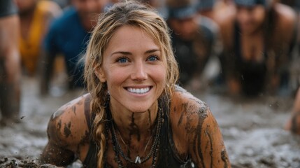Authentic Young Woman Engaged in Muddy Obstacle Course Race Premium Outdoor Adventure Lifestyle Content for Social Media Campaigns