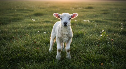 Lamb in field sunrise