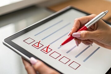 Female hand holding a pen checking items on a digital list, marking boxes on an electronic tablet screen, symbolizing organization, productivity, and modern task management