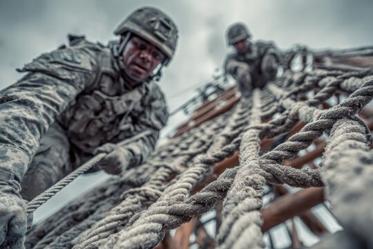 Authentic Military Soldiers Climbing Rope Net Obstacle Course at Rugged Outdoor Training High-Quality Tactical Teamwork Fitness Content for Advertising Campaigns