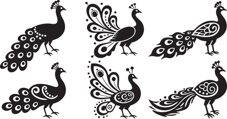 Elegant black peacock silhouettes showcase intricate tail feather designs and regal crests perfect for decoration