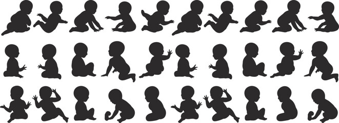 Baby silhouette icons, toddler crawling poses, infant sitting walking collection, newborn movement vector, black baby shapes, child development illustration set