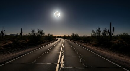Moonlit desert highway leading toward the horizon under starry night