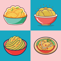 Vibrant Cartoon Noodles: Four Styles of Delicious Pasta in Bowls and Plates.