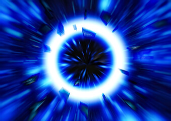 ぼやけた光の輪と輝きのある青い光線の抽象的な背景