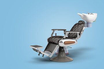 Modern Barber Chair 3D Render with Integrated Sink on blue background
