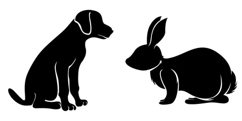 Black silhouettes of a dog and a rabbit facing each other. Perfect for pet-themed content, educational materials, and logo and icon design. Ideal for animal lovers, graphic designers, and pet business