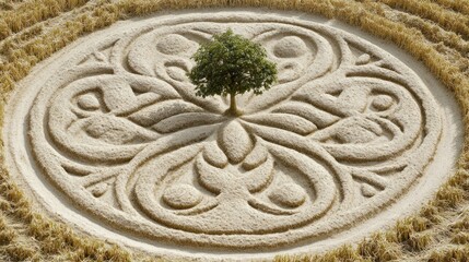 Mysterious cornfield art featuring a solitary tree in the center of the design representing the