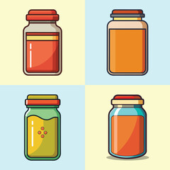 Four Colorful Jars: Retro Cartoon Style Food Packaging Design, Blank Labels.