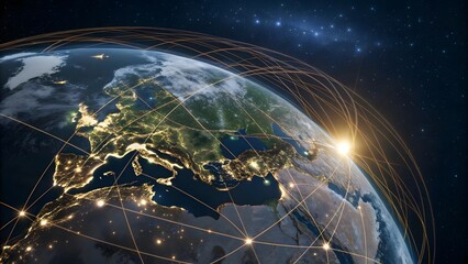 Global Connectivity Concept with Network Lines Over the Earth at Night