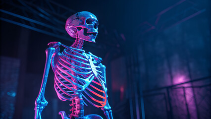 Futuristic Glowing Skeleton in Neon Blue and Pink Light – Cyberpunk Digital Art, Sci-Fi Anatomy Concept