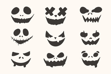 Scary Pumpkin Face Silhouettes Set. Vector set of haunted pumpkin faces with scary eyes and mouths, perfect for Halloween crafts, printable, digital artwork, and seasonal merchandise.