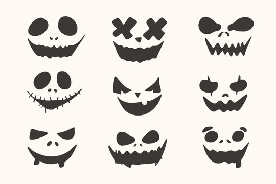 Scary Pumpkin Face Silhouettes Set. Vector set of haunted pumpkin faces with scary eyes and mouths, perfect for Halloween crafts, printable, digital artwork, and seasonal merchandise.