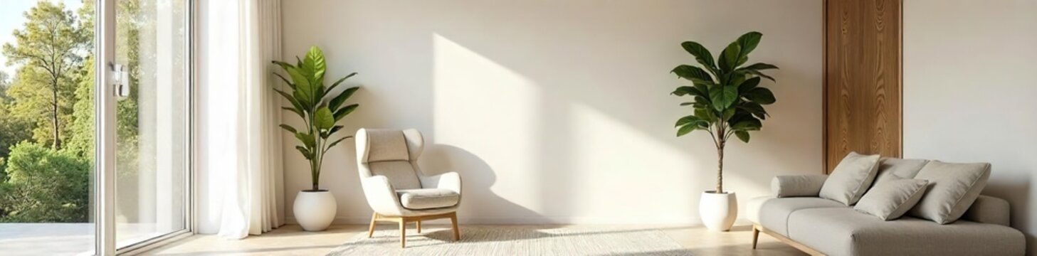 Serene minimalist living room with neutral tones, natural light, and simple furniture A perfect example of clean, modern design for a peaceful atmosphere , hygge, modern