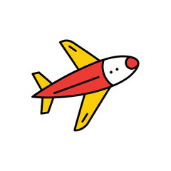 Stylized red and yellow airplane flying on black background