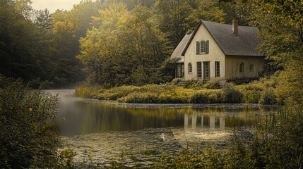 Fototapeta premium Idyllic lakeside cabin nestled amidst lush trees under a soft sunlight creates serene beauty