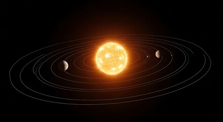 Obraz premium Golden Sun with Orbiting Planets in Dark Outer Space