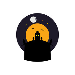 Spooky halloween night scene with haunted house and full moon