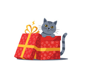 Cute cat peeking out of a bright red present box with a golden ribbon
