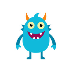 Cute blue cartoon monster with horns and big smile