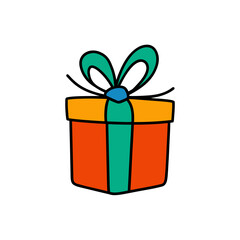 Brightly colored gift box with teal ribbon and bow