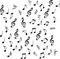 Music notes pattern, black musical symbols, treble clef icons, rhythm notes, vector design, melody elements, audio symbols, sound icons, seamless background texture