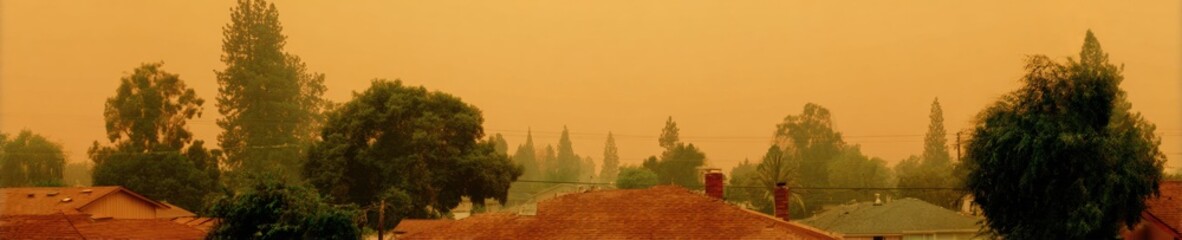 Naklejka premium High-Quality Emergency Air Quality Crisis Smoke Haze Over Neighborhood Modern Environmental Threat Impact for Disaster Preparedness Marketing and Social Media