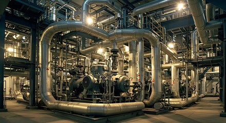 Obraz premium Elaborate system of industrial pipes, pumps, and equipment in the engine room of a power generation plant