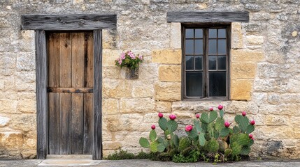 Rustic stone building facade with wooden door, window and cacti plants, day exterior