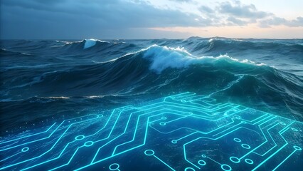 Futuristic Digital Ocean with Circuit Design and Waves at Dusk
