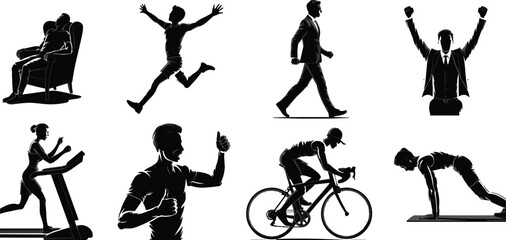 Silhouettes of Active and Sedentary People, Exercise and Fitness Activities, Healthy Lifestyle, Office Workers, Indoor and Outdoor Workouts, Motivation Concepts