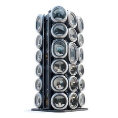 Futuristic building with unique podlike windows isolated on white background