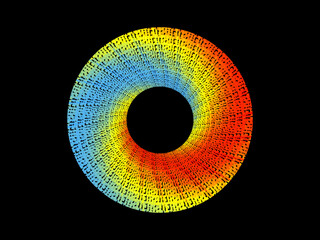 Vector background of rotating ellipse 3D shapes, consisting of futuristic circle pattern and wavy lines with colorful gradations.