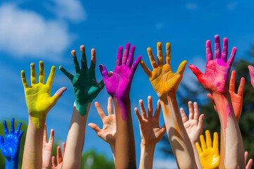 different people's hands reaching up, the concept of unity among different people and nationalities