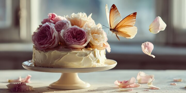 Premium nostalgic vintage kitchen scene with large butterfly and floral cake in golden afternoon light for inspiring lifestyle and social media content
