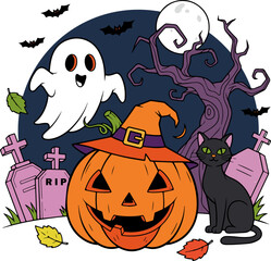 Spooky pumpkin wearing a witch hat sits among tombstones in a haunted graveyard under a full moon on a dark Halloween night.