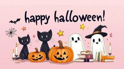 Cute Halloween Illustration with Black Cats, Pumpkins, Ghosts and Candles, Pink Background Holiday Card Banner for Kids Party