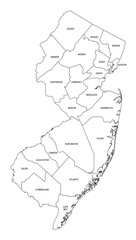 State of New Jersey, subdivided into 21 counties, outline map. State in the Mid-Atlantic and Northeastern region of the United States, nicknamed The Garden State. Map with borders and county names.