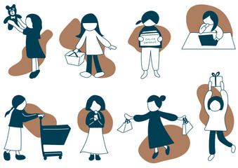 ショッピングする女性のセット（背景つき）