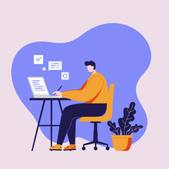 Man focused on remote work, using laptop and pen for notes and planning, surrounded by task icons. Illustrates modern productivity, freelance, or online learning.