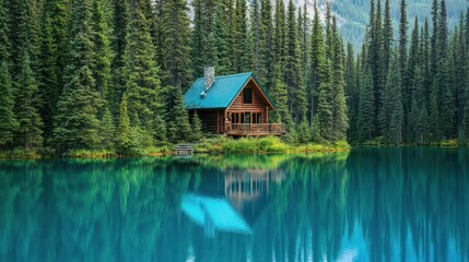 Fototapeta premium Scenic lakefront cabin nestled in a lush forest with stunning water reflection