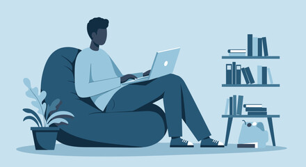 Young person comfortably working on a laptop from home, embodying remote productivity, online learning, or a relaxed digital lifestyle. Ideal for modern work and education concepts.