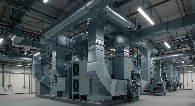 A series of large industrial air handling units in a plant room providing ventilation and climate control for a modern building