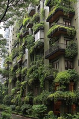Modern Sustainable Urban Living Premium Eco-Friendly Apartment Facade with Lush Green Balconies for Inspiring Green Innovation Marketing Content
