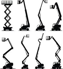 Aerial lift boom and scissor lifts silhouette, construction platform, hydraulic equipment, industrial machinery, vector icons, isolated black illustration © Biplob Creatives