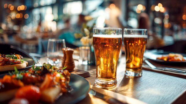 Cold beer and food at cozy restaurant table